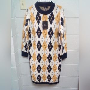 NEW Joh Apparel Yellow, Navy Blue Argyle Sweater Dress, Originally $95